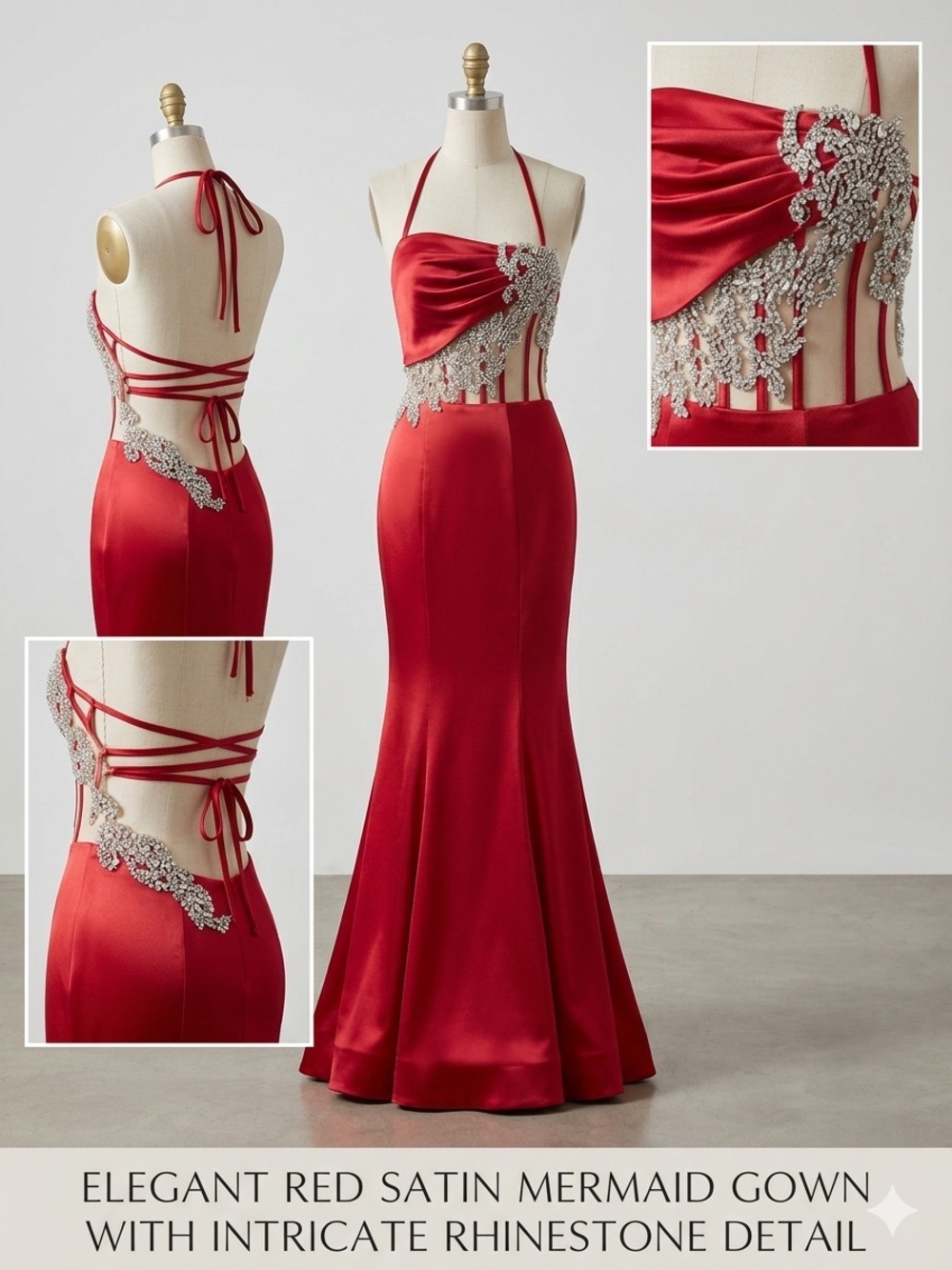 Red Satin Mermaid Prom Dress with Rhinestone Appliqué